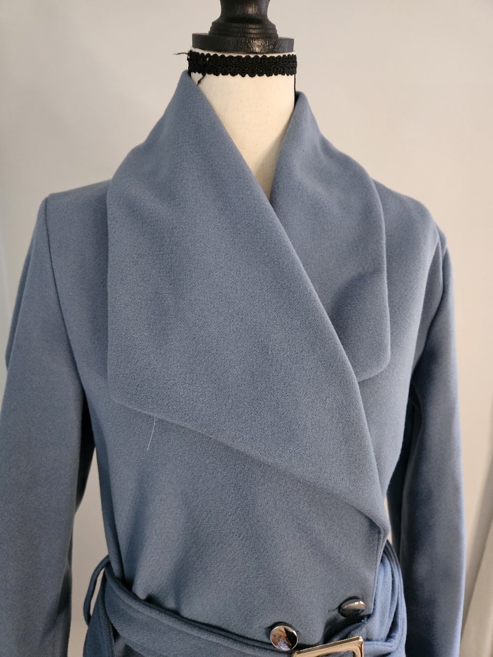 Women's Dusty Blue Belted Wrap Coat - Picture 3 of 9